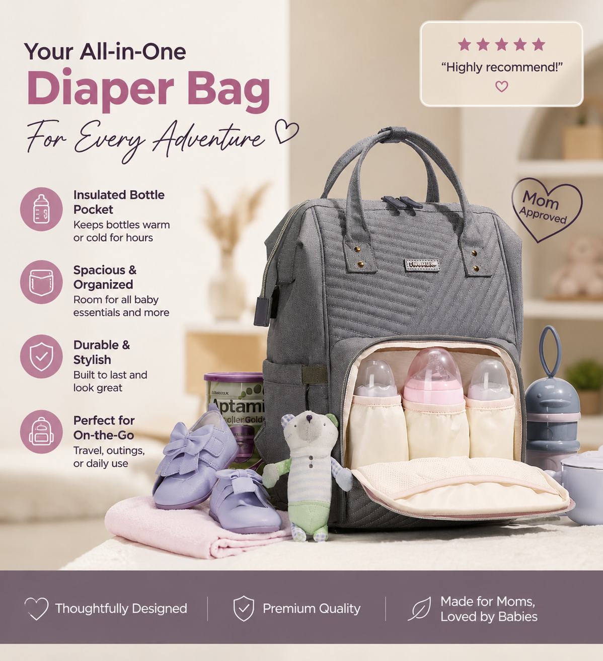Modern Quilted Diaper Bag Backpack