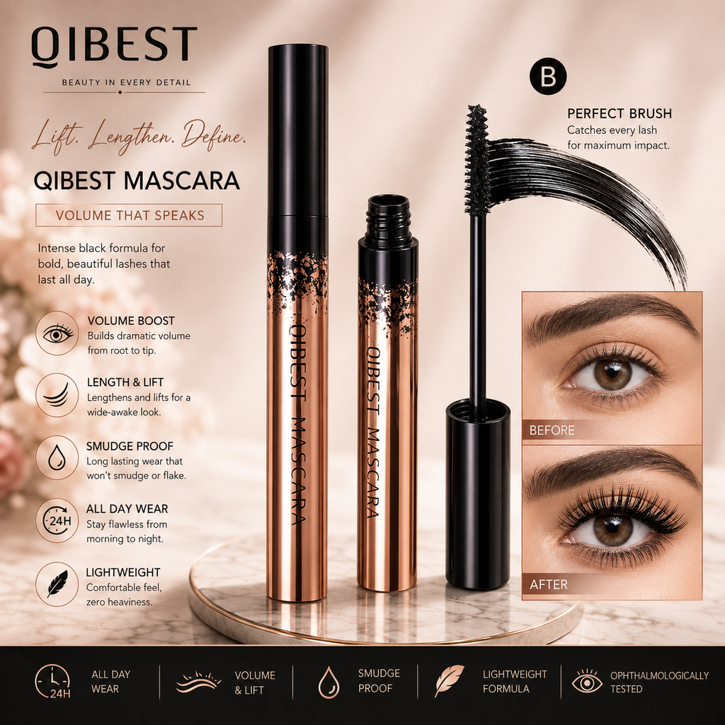 QIBEST Black Mascara Eyelashes Mascara 4D Silky Eyelashes Lengthening