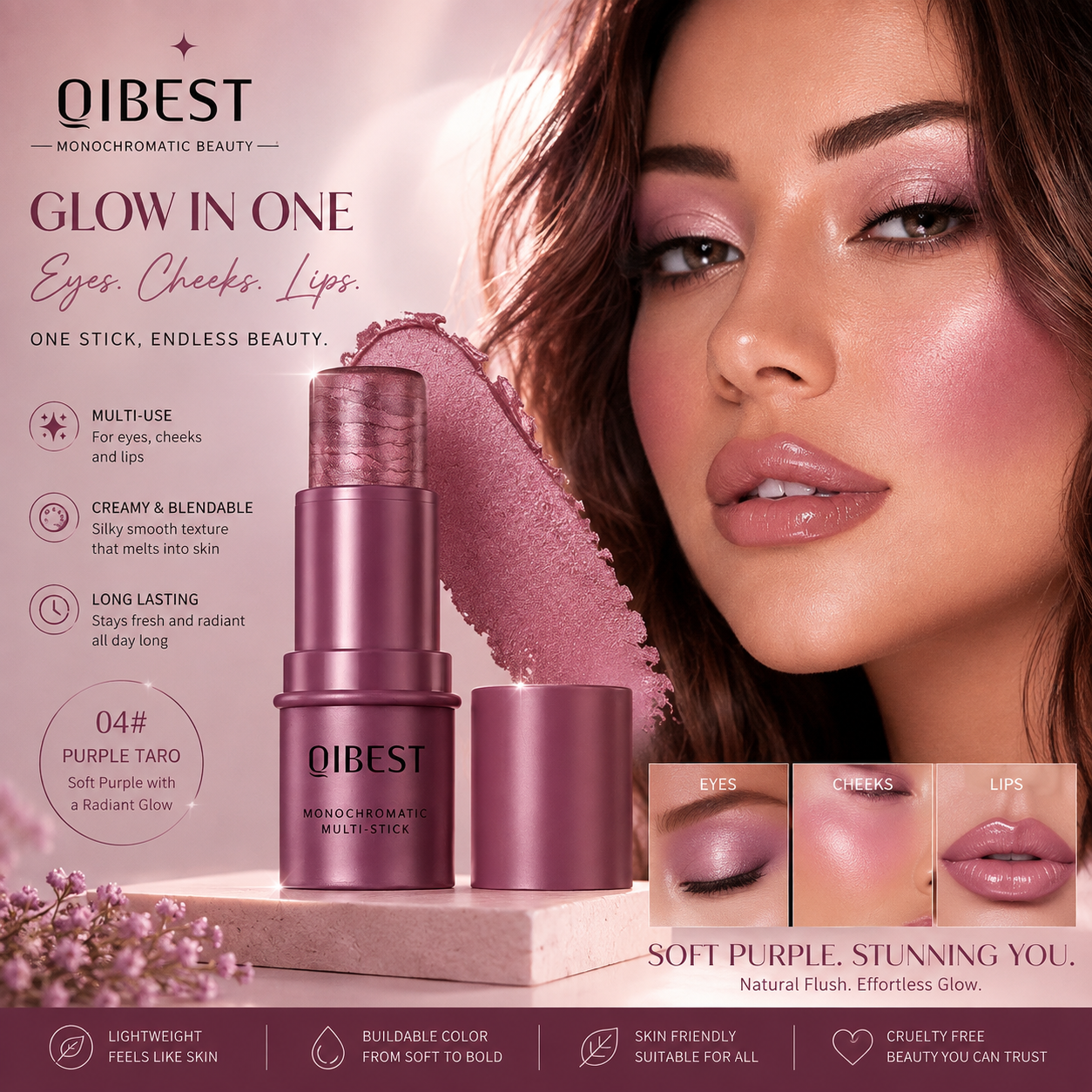 3-in-1 Cheek Blush Stick Lip Tinted Eyes Cheek Lips Brighten Cream