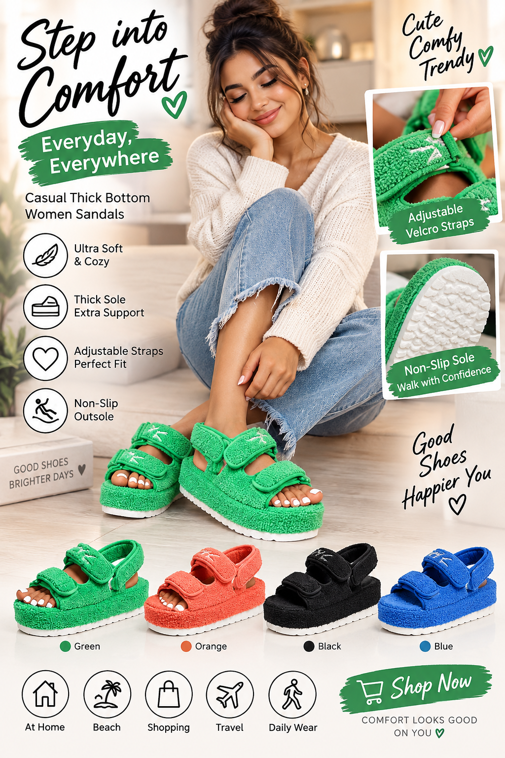 Casual Thick Bottom Women Sandals Green/Orange/Black/Blue