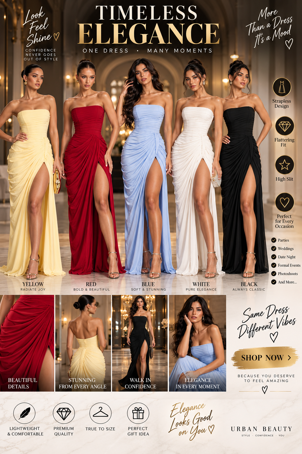 French Style Romantic Strapless Pleated Slit Dress - Women's Elegant Evening Gown For Summer Party Wedding Dresses
