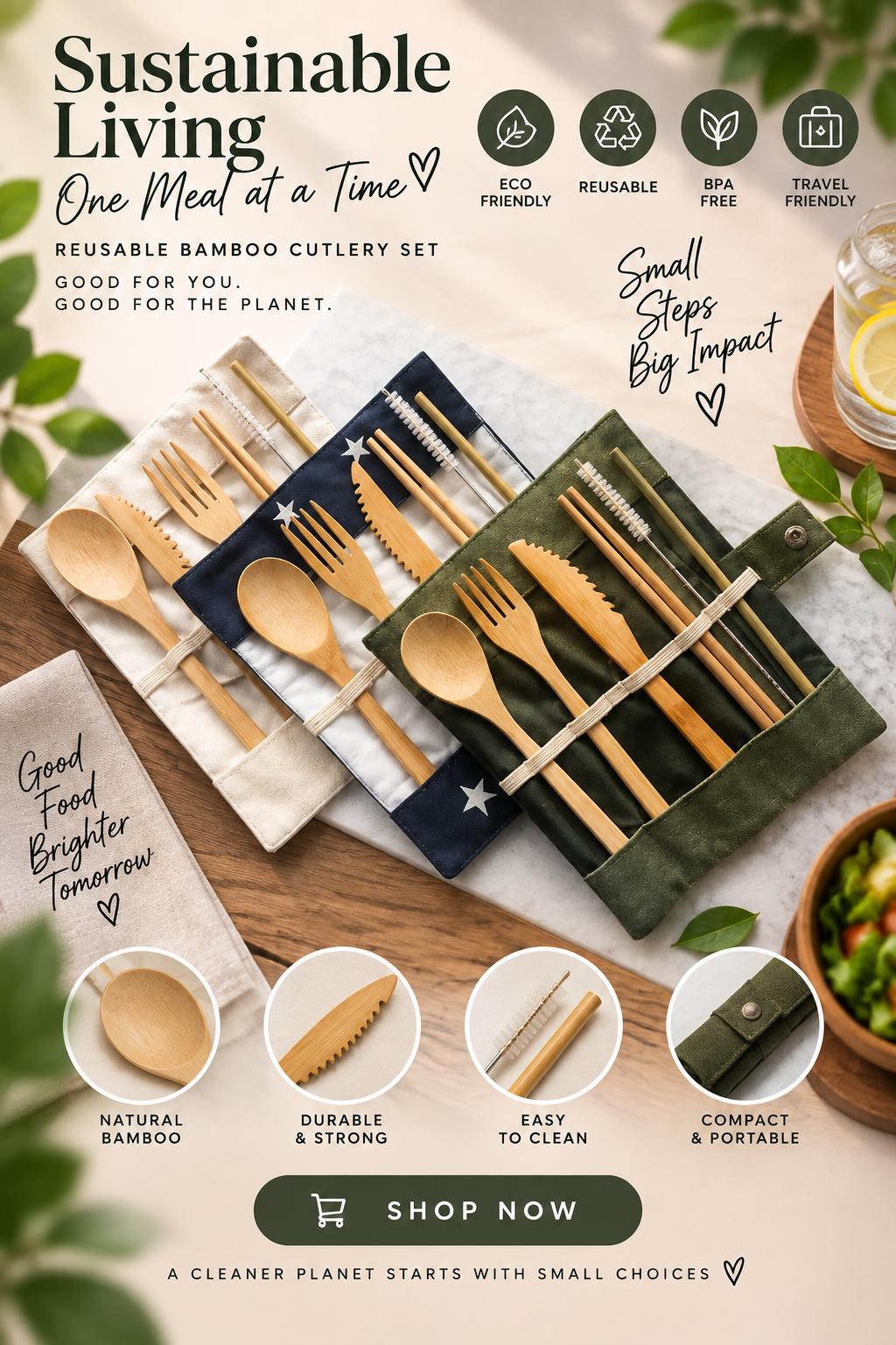Bamboo Cutlery Set | Zero Waste Reusable | Washable Organic Cotton